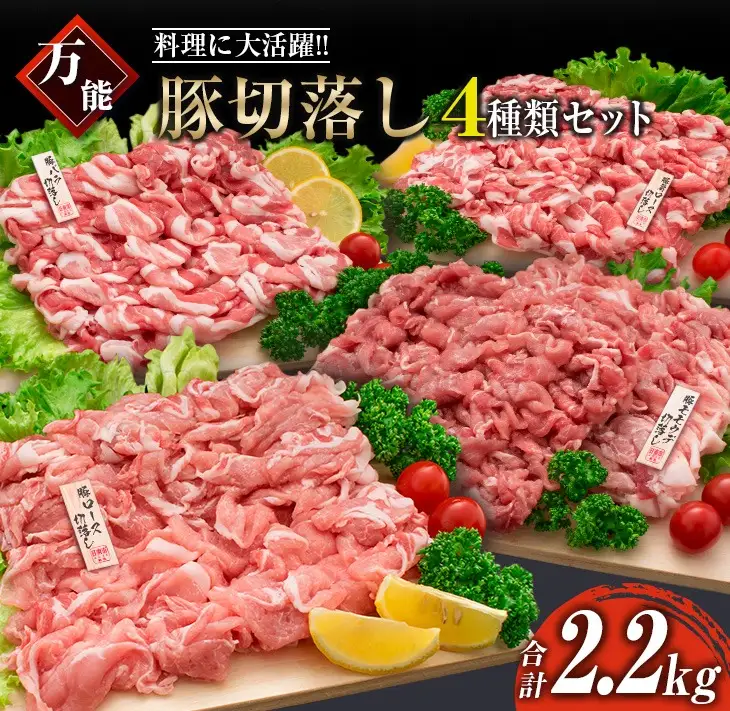 豚肉 切り落とし 4種 セット 合計2.2kg 日南市産 ポーク 国産 食品 おかず お弁当 おつまみ 万能食材 豚ロース 豚バラ 豚モモ 豚ウデ 切落し 食べ比べ 人気 おすすめ カレー 焼肉 生姜焼き 炒め物 大容量 お取り寄せ おすそ分け 宮崎県 日南市 送料無料_BC108-25