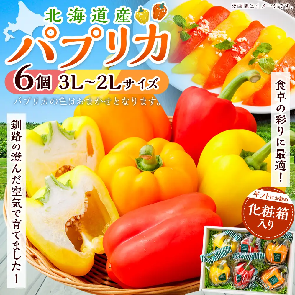 パプリカ 3Lまたは2Lサイズ×6個 野菜 サラダ 北海道野菜 生野菜 旬 冷蔵 北海道 ピーマン 甘い 送料無料 贈答 ギフト【2026年10月下旬迄発送】