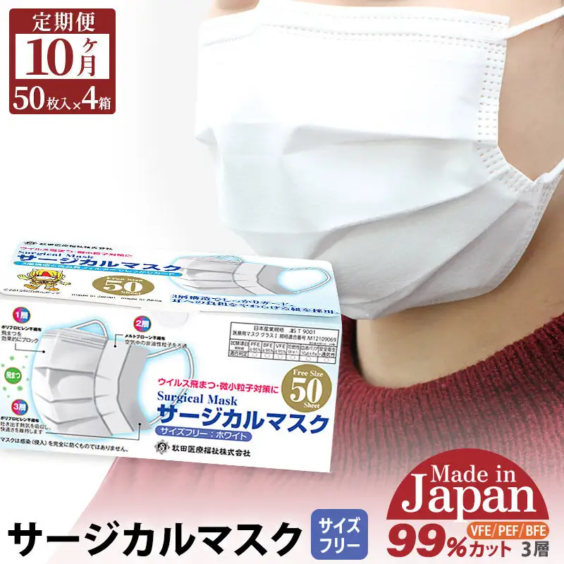 《定期便10ヶ月》国内製造 高性能サージカルマスク 普通サイズ 50枚入り×4箱 (合計200枚)×10回 