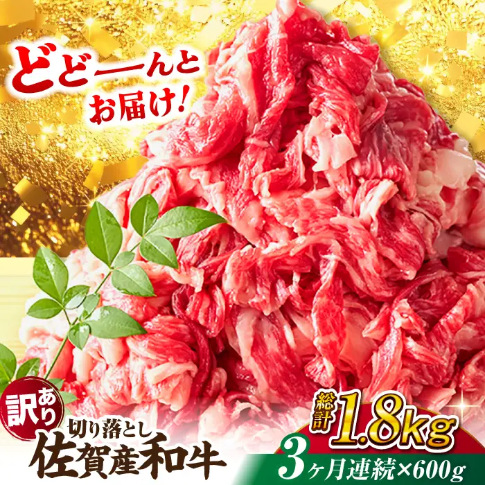 3回定期便 訳あり佐賀産和牛 切り落とし 600g 牛肉定期便FDB027]