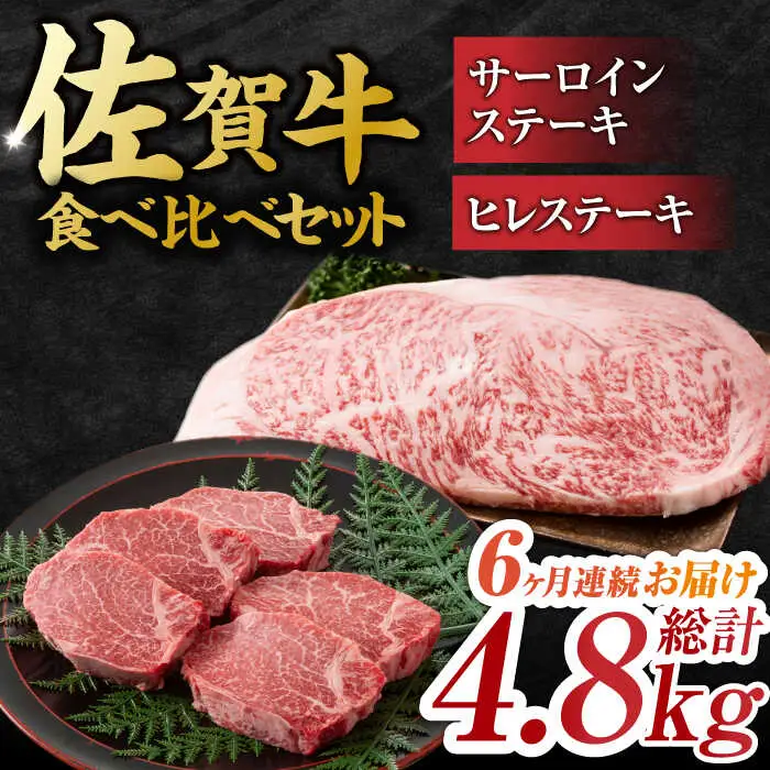 【6回定期便】艶さし！ 佐賀牛 ヒレステーキ＆サーロインステーキ 食べ比べ セット 計4.8kg  (ヒレ150g・サーロイン250g×各2枚×6回) 吉野ヶ里町 佐賀牛 ヒレ サーロイン ステーキ 牛肉 肉 ブランド牛 [FDB037]