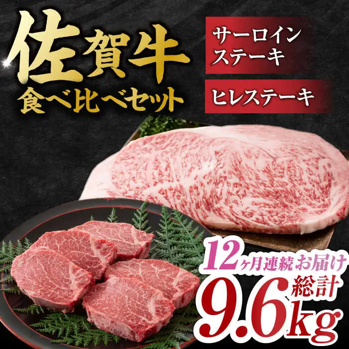 【12回定期便】佐賀牛 ヒレステーキ＆サーロインステーキ 食べ比べ セット 計9.6kg  (ヒレ150g・サーロイン250g×各2枚×12回) 吉野ヶ里町 佐賀牛 ヒレ サーロイン ステーキ 牛肉 肉 ブランド牛 [FDB038]