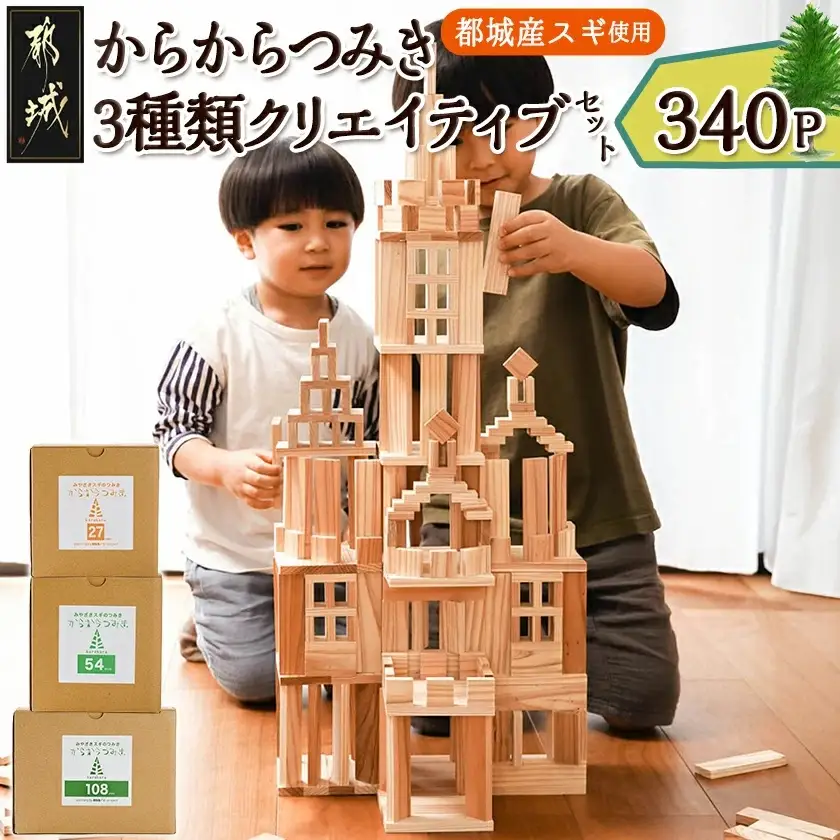 都城市産スギ「からからつみき」3種類クリエイティブセット [340P入]〔26-D901〕_(都城市) 都城市産杉 つみき からからつみき108 からからつみき 54 からからつみき 27 120ピース 100ピース 対象年齢3歳～ 