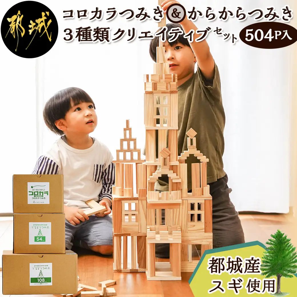 都城市産スギ「コロカラ」&「からからつみき」3種類クリエイティブセット[504P入]〔AI-D903〕_(都城市) 都城市産杉 つみき コロからつみき からからつみき108 からからつみき54 24ピース 240ピース ビー玉 対象年齢4歳～