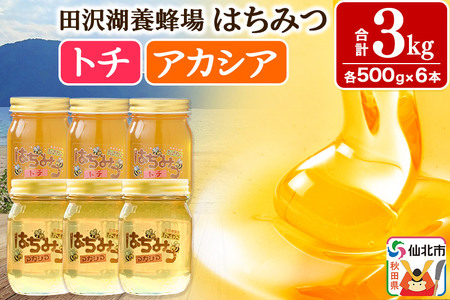 秋田県産はちみつ（アカシア・トチ）500g×各3本 合計3kg 化粧箱入り 詰め合わせセット 田沢湖養蜂場