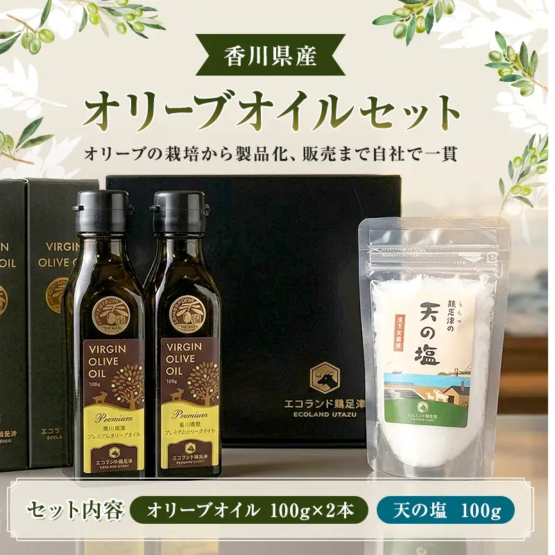 オリーブオイルセット プレミアムVIRGIN OLIVE OIL100g 2本 天の塩100g 1個 FAH-0145