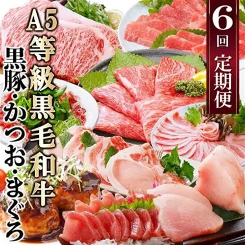 定期便(6回)A5等級黒毛和牛・黒豚・かつお・まぐろ FF-0058_肉 お肉 牛肉 サーロイン ステーキ 焼肉 ハンバーグ 切り落とし 豚肉 ロース バラ しゃぶしゃぶ 生ハム 鮪 鰹 カツオ_【配送不可地域：離島】【1166770】