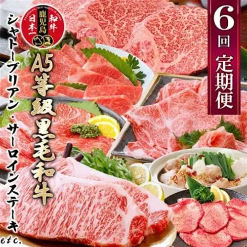 定期便(6回)鹿児島県産A5等級黒毛和牛シャトーブリアン・サーロインステーキetc　HH-6001_肉 お肉 牛肉 霜降り ロース スライス 焼肉 切り落とし ブロック 人気 送料無料_【配送不可地域：離島】【1166783】