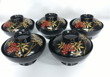 川連漆器 4.2古代型吸物椀 南天 5客揃え 漆器 漆器 【井上漆器店】[F5902]