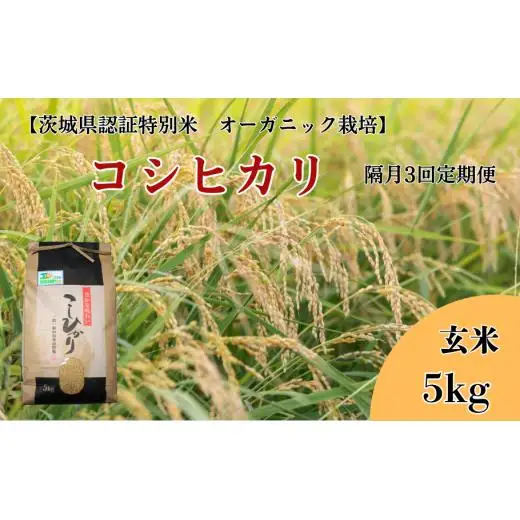 【隔月3回定期便】コシヒカリ 玄米5kg×3回【茨城県認証米／オーガニック栽培】