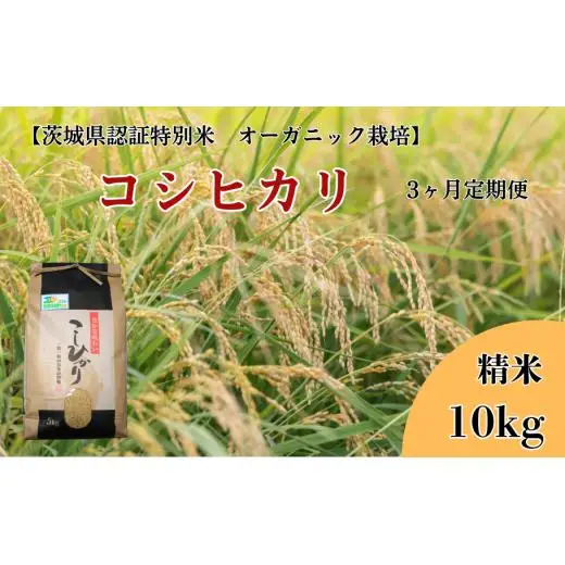 【3ヶ月定期便】コシヒカリ 精米10kg×3回【茨城県認証米／オーガニック栽培】