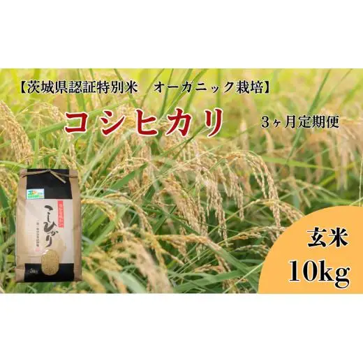 【3ヶ月定期便】コシヒカリ 玄米10kg×3回【茨城県認証米／オーガニック栽培】