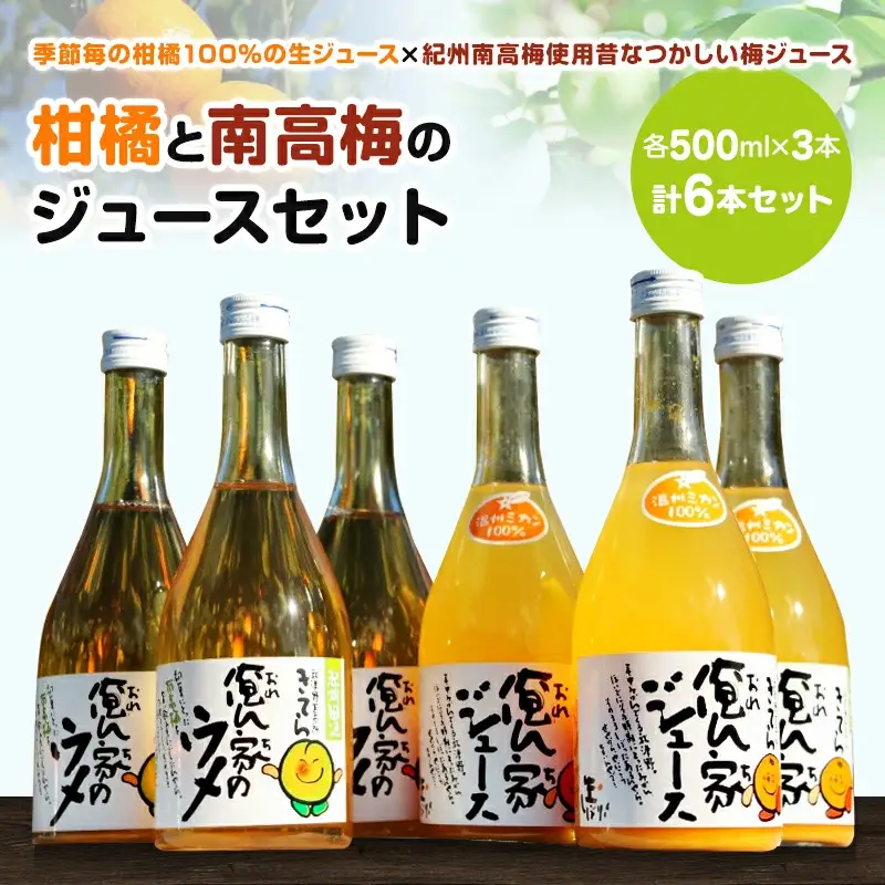 紀州産ミカンジュースと南高梅のジュースセット  季節毎の柑橘ジュース500ｍl×3本、梅ジュース500ｍl×3本 / 和歌山 和歌山県産 田辺市 紀州南高梅 梅  梅ジュース みかん みかんジュース 100％ジュース ジュースセット【ktr001-3】