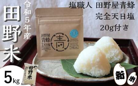 ★ 令和5年産 新米 ★ 田野米 5kg ＋ 田野屋青蜂 完全天日塩 20g セット　～ 精米 ・ 白米 ～