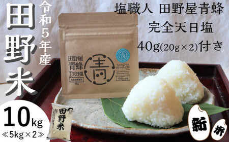 ★ 令和5年産 新米 ★　田野米 10kg ＋ 田野屋青蜂 完全天日塩 40g セット　～ 精米 ・ 白米 ～