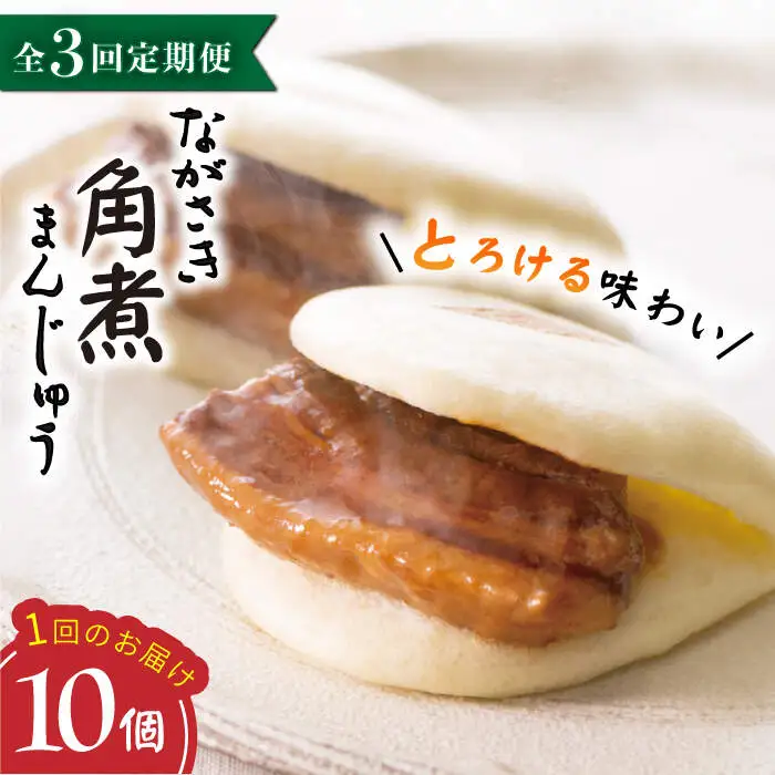 【3回定期便】【これぞ王道！】 長崎 角煮まんじゅう （10個）×3回定期便  角煮まん 角煮 長崎 角煮まんじゅう 惣菜 簡単調理 贈答 ギフト 贈り物 ＜岩崎本舗＞ [CFE026]