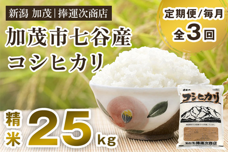 【定期便3回毎月お届け】七谷産コシヒカリ 精米25kg（5kg×5）白米 捧運次商店