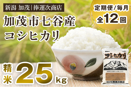 【定期便12ヶ月毎月お届け】七谷産コシヒカリ 精米25kg（5kg×5）白米 捧運次商店