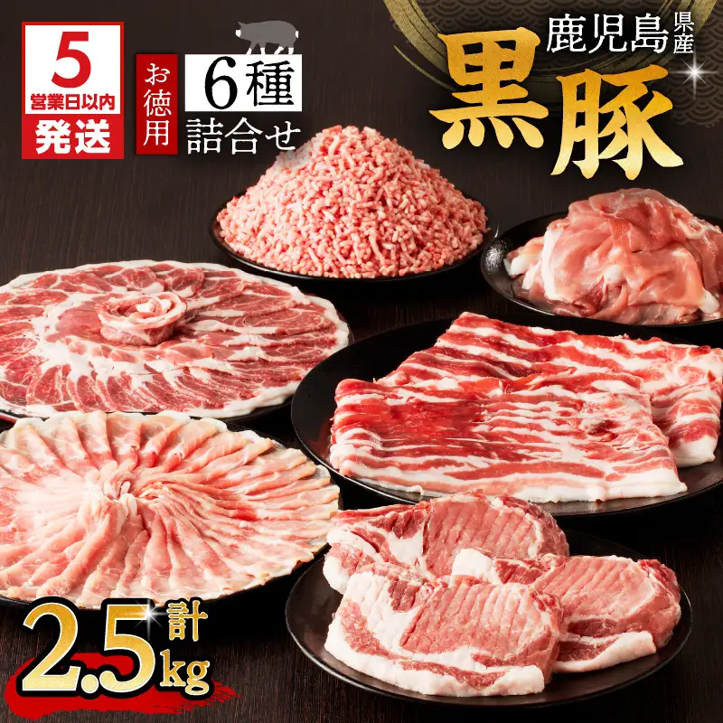 【5営業日以内に発送】鹿児島県産黒豚お徳用 6種詰合せ(2.5kg) K134-011 肉 豚肉 冷凍 スピード配送 最短 すぐ届く お急ぎ