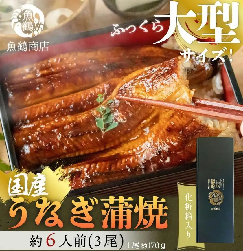 大型サイズ　ふっくら柔らか　国産うなぎ蒲焼き　3尾　化粧箱入【秋土用の丑の日のうなぎ】【～10月30日までにお届け】