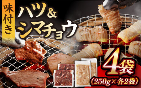 【塩だれ】九州産和牛 ホルモン2種 計1kg（ ハツ 250g×2袋・ シマチョウ 250g×2袋） 長与町/岩永ホルモン [EAX134]国産 牛肉 ミックス 小分け 味付き 冷凍 焼肉