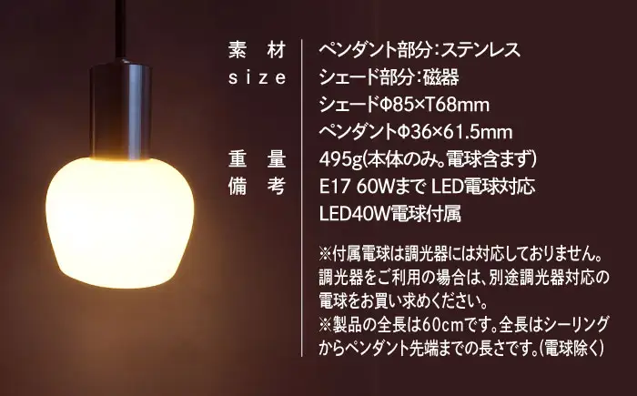 CTSH LIGHT. ペンダントライト＜Ljus ステンレス白磁フリコ E17＞ 瑞浪市 / ジオニック 照明器具 ソケット ステンレス 磁器 シェード ホワイト [AZBQ110]