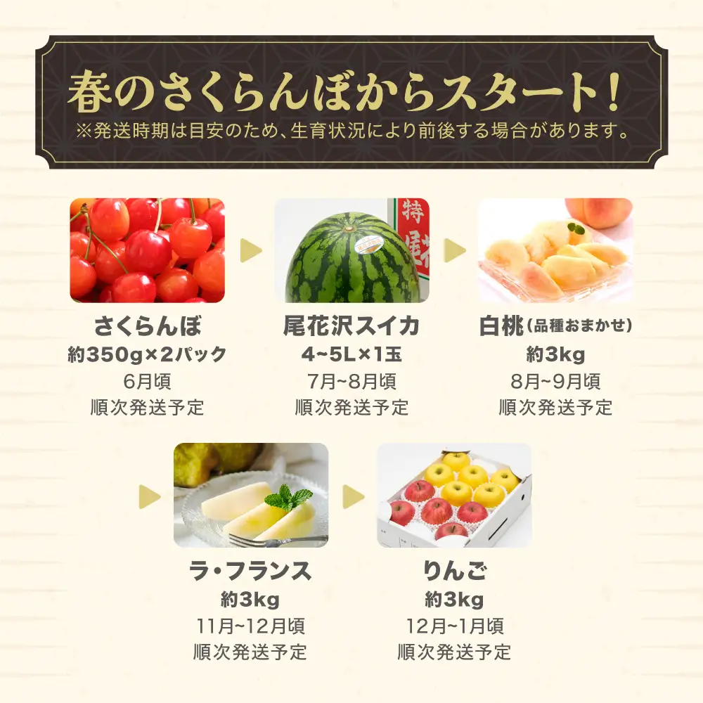 【全5回】フルーツ定期便 さくらんぼ佐藤錦 尾花沢スイカ 桃 ラ・フランス りんご 令和8年産 ns-ft5xx-s-b