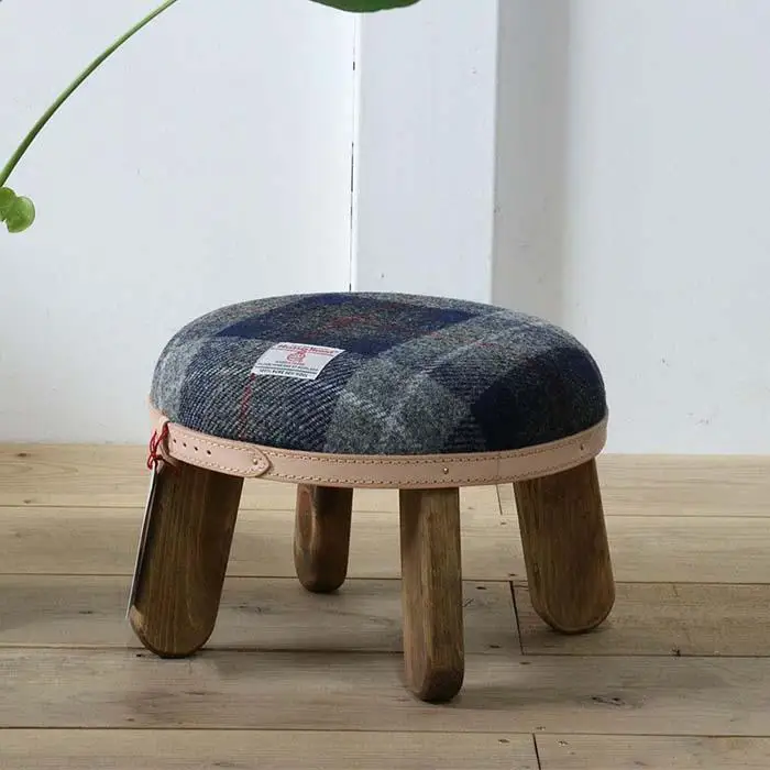まぁるいスツール【ネイビー&グレーチェック×ブラウン】 子供 椅子イスキッズ HARRIS TWEED（ハリスツイード） 家具