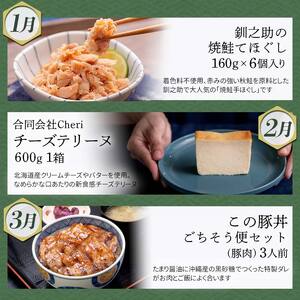 【 定期便 12か月 】釧路市 を感じる定期便 鮭 保存食 スイーツ 豚丼 牛 ステーキ うに ウニ 雲丹 肉 コーヒー たらこ ホタテ いくら 数の子 魚卵 頒布会 セット F5F-0297