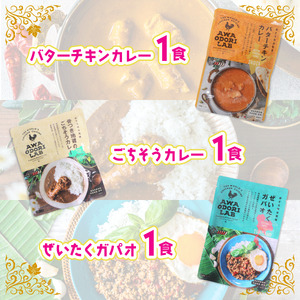 旅する阿波尾鶏シリーズ 3種 各1食入 計3食 バターチキンカレー ごちそうカレー ぜいたくガパオ カレー ガパオ タイ料理 常温 レトルト AWAODORI LAB