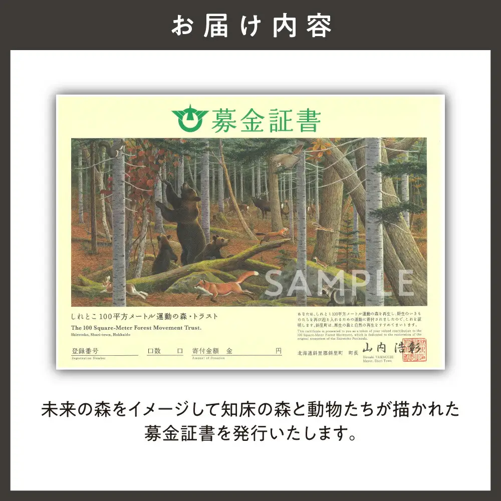 募金証書(50,000円)しれとこ100平方メートル運動の森トラスト_ 地域サービス 