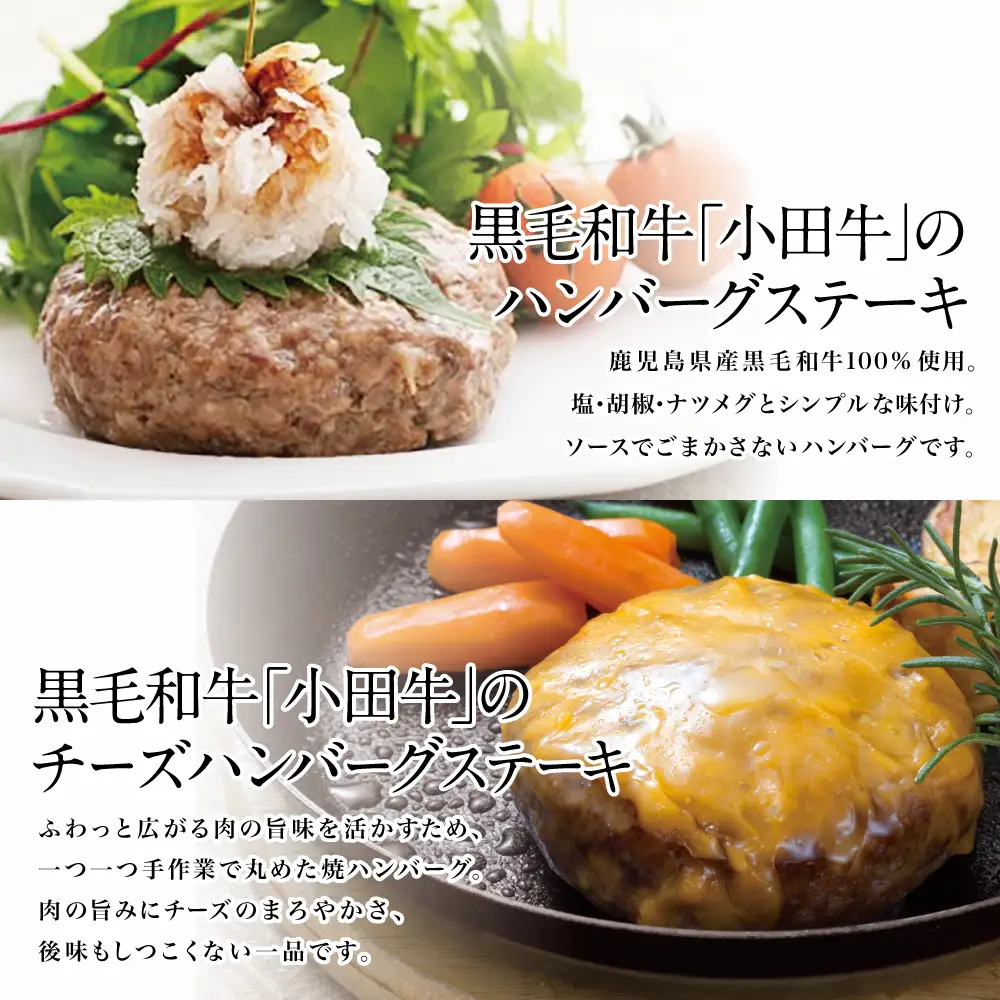 【プレミアムブランド】鹿児島県産黒毛和牛「小田牛」 牛肉100％ 2種類のハンバーグステーキ 計4個（120g×各2個） チーズハンバーグ 牛肉 総菜 おかず レトルト 黒毛和牛 和牛日本一 小田畜産 冷凍 ギフト 贈答 南さつま市