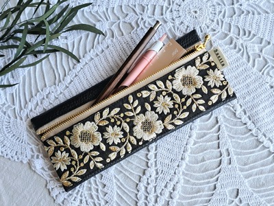 インド刺繍とレザーのペンケース (ブラック) [0287] | 栃木県日光市