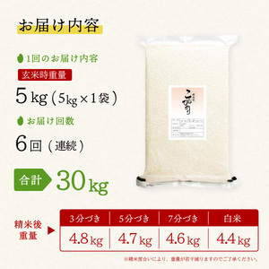 こしひかり 玄米時重量 5kg×6回 6ヶ月連続 定期便 玄米時重量30kg 分づき米 対応可 真空パック コシヒカリ 米 簡易梱包 エコ梱包 分つき米 分付き米 ぶづきまい 白米 七分づき 7分づき 五分づき 5分づき 三分づき 3分づき 玄米
