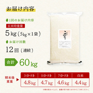 こしひかり 玄米時重量 5kg×12回 12ヶ月連続 定期便 玄米時重量60kg 分づき米 対応可 真空パック コシヒカリ 米 簡易梱包 エコ梱包