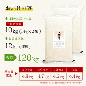 こしひかり 玄米時重量 5kg×2袋×12回 12ヶ月連続 定期便 玄米時重量120kg 分づき米 対応可 真空パック コシヒカリ 米 簡易梱包 エコ梱包