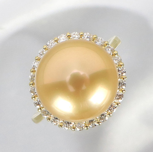 1406【真珠総合研究所GoldLip花珠鑑別書付】K18　南洋ナチュラルゴールデン真珠12.０㎜up　ダイヤモンド0.50ct 　リング