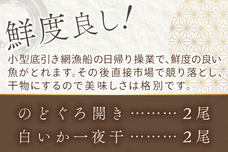 ノドグロ・白イカ一夜干セット【干物セット のどぐろ一夜干し いか 一夜干し のどぐろ干物 2尾 1尾あたり120～140g 白イカ干物 2尾 1尾あたり約70～80g 島根県産 大田市産 ノドグロ しろいか 干物 真空パック 冷凍 贈答 ギフト】
