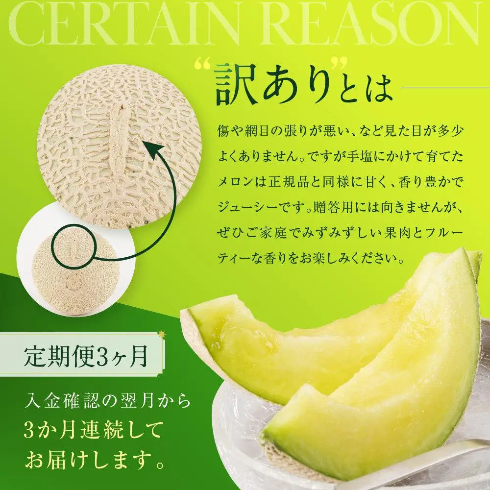 【定期便3ヶ月】【訳あり】御前崎市産アローマメロン 1玉 3ヶ月連続お届け｜マスクメロン フルーツ 果物 くだもの デザート 家庭用 静岡
