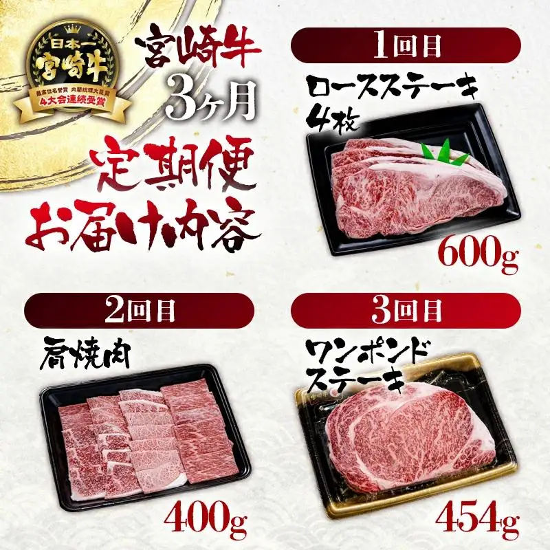【定期便】宮崎牛3ケ月 ステーキ・焼肉　ブランド牛 A４～A5等級 内閣総理大臣賞4連覇＜56-9a＞【日本ハム】