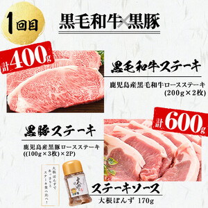 《定期便・全2回》鹿児島県産 黒毛和牛&黒豚 極上ステーキ定期便＜計12枚・2.1kg＞ 肩ロースしゃぶしゃぶと大根ぽんず付き! t0057-003