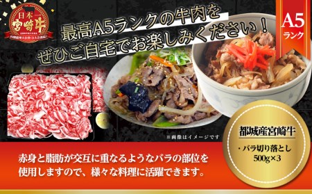 宮崎牛(A5)バラ切り落とし1.5kg_29-0101_(都城市) 牛肉 最高級A5ランク 5等級 国産黒毛和牛 ブランド牛 牛バラ肉 (500g×3パック) 1.5キロ 牛ばら肉 切り落とし ブリスケット 小分けパック
