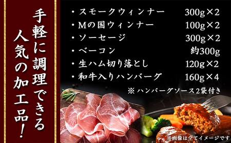 加工品バラエティ2.5kgセット_AD-0107_(都城市) スモークウィンナー Mの国ウィンナー ソーセージ ベーコン 生ハム切り落とし 和牛入りハンバーグ ハンバーグソース付 加工品 おかず