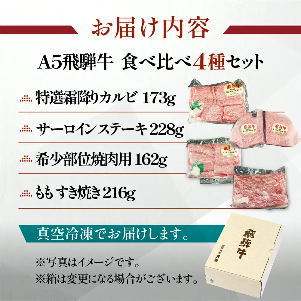 飛騨牛 食べ比べ4種セット（特選霜降りカルビ 173g・サーロインステーキ 228g・希少部位焼肉用 162g・ももすき焼き 216g）【冷凍 真空】【11-83】