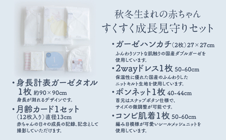秋冬生まれの赤ちゃんすくすく成長見守りセット タオル 月齢カード ハンカチ ドレス ボンネット コンビ肌着 出産準備 赤ちゃん用品 ニット ベビー用品 ベビーグッズ ベビー服 ベビーウェア 育児 秋服 冬服  国産 _Tk032-021