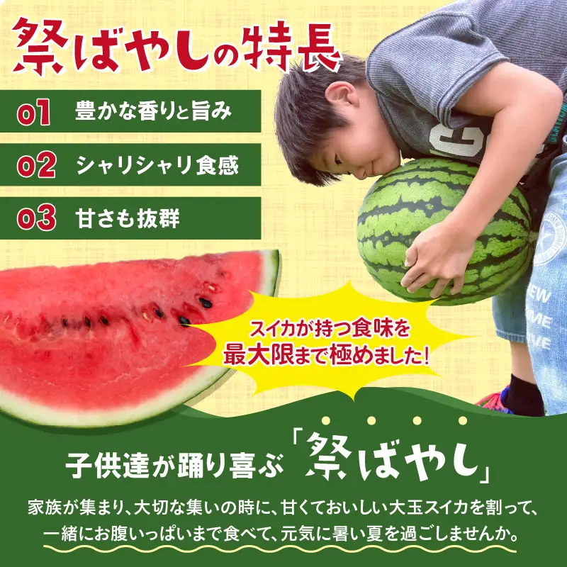 【先行予約】藤重農園の大玉スイカ『祭ばやし』 1玉（7kg～） ≪満足度高い大きなスイカ≫／ 果物 フルーツ 西瓜 すいか ギフト 農家直送 美肌 ビタミン豊富 福井県 あわら市 なんとリコピンはトマトの1.5倍！ ※2026年6月中旬以降順次発送 [aw083-a003]