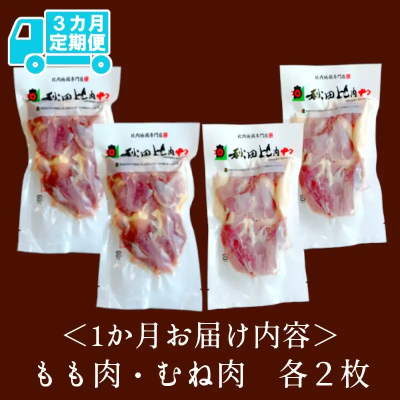 300P2307【定期便3ヶ月】比内地鶏もも肉・むね肉（1羽分×3ヶ月）