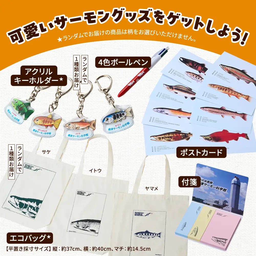 標津サーモン科学館グッズセットA　エコバッグ ポストカード ボールペン 付箋 キーホルダー【AP001】