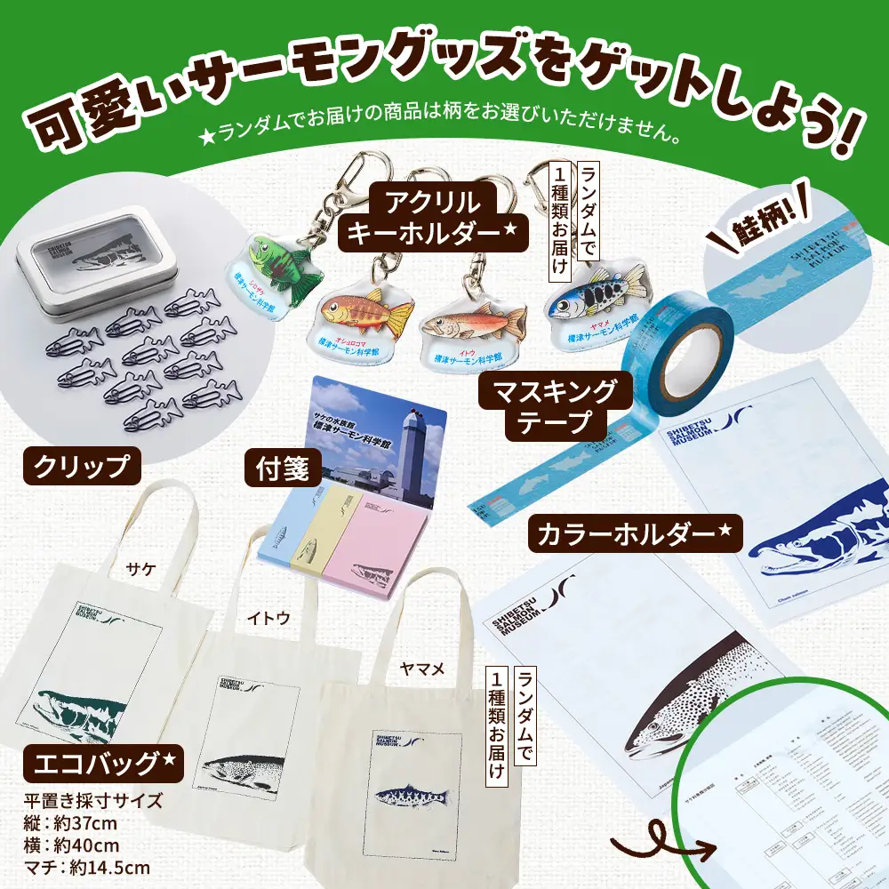 標津サーモン科学館グッズセットB　エコバッグ クリップ テープ 付箋 ファイル キーホルダー【AP002】
