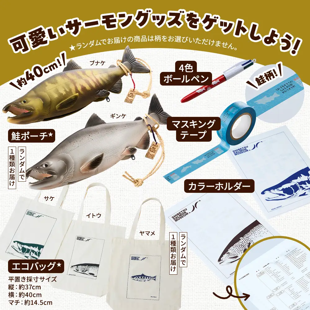 標津サーモン科学館グッズセットC　鮭ポーチ エコバッグ ボールペン マスキングテープ ファイル【AP003】